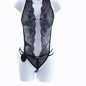 Avidlove Women Deep V Halter One Piece Teddy Size XXL Black/Purple‎